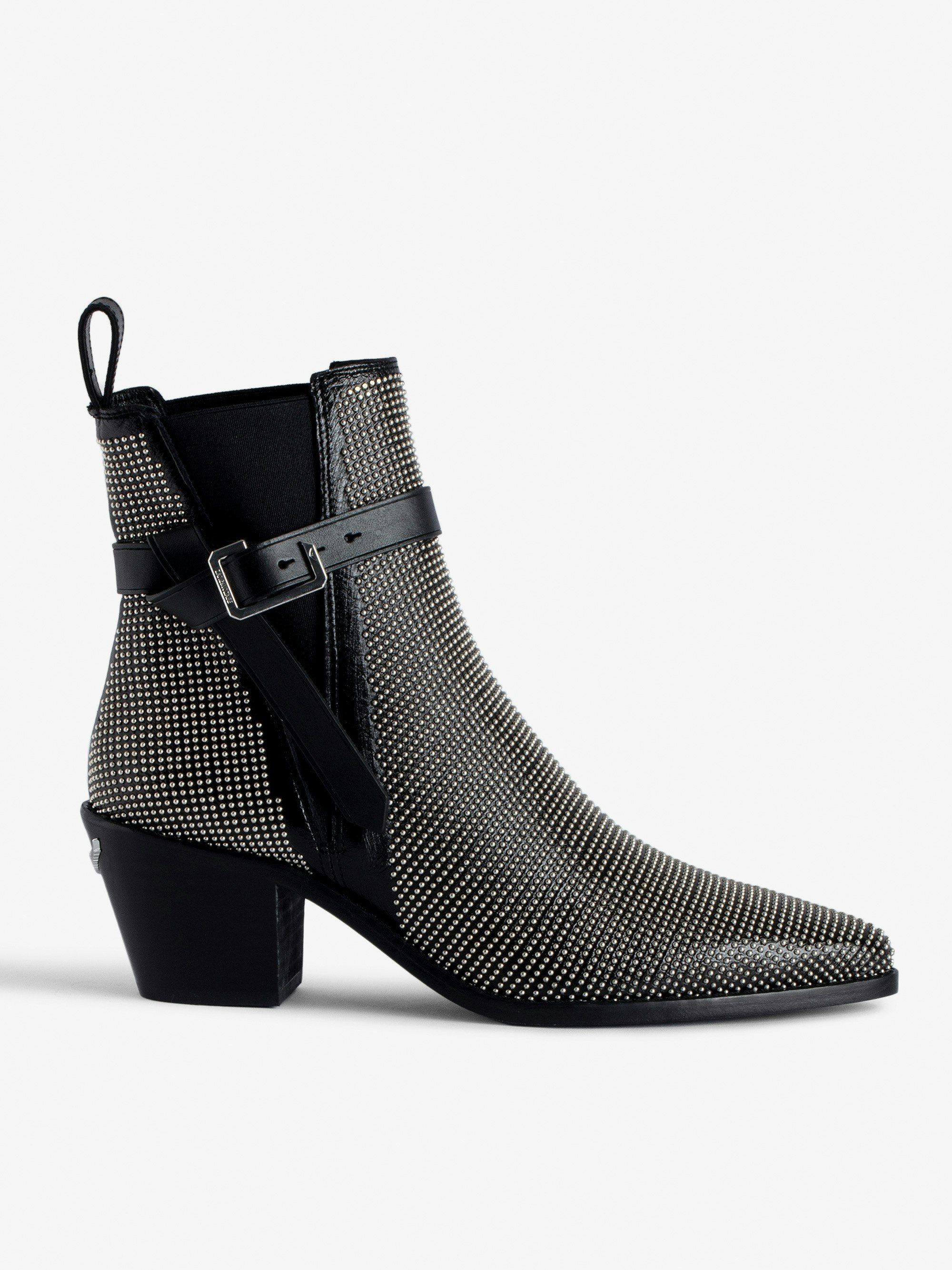 Tyler Studs Ankle Boots - Women’s black vintage-style leather ankle boots with studs and C buckle.