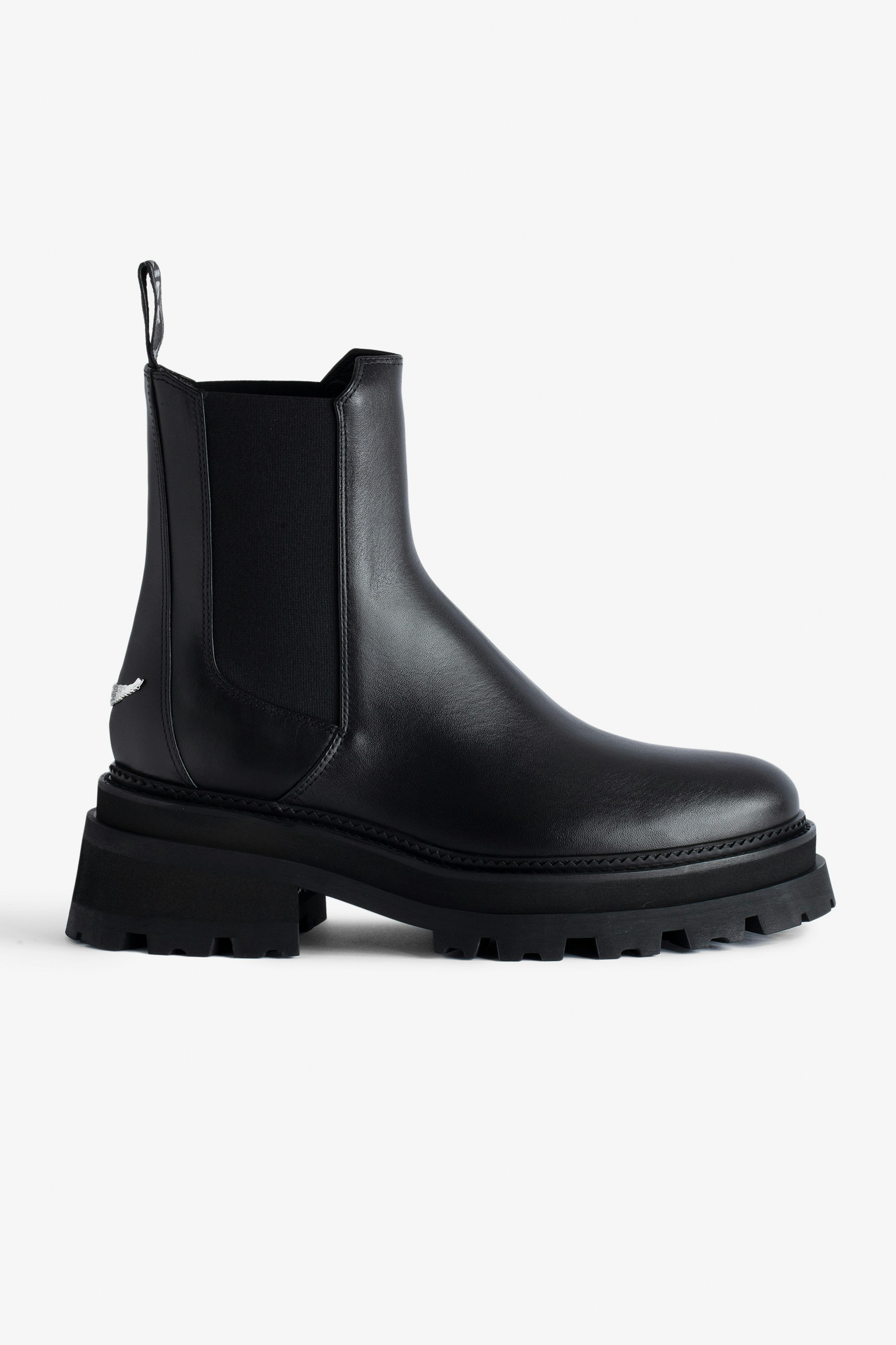 Ride Chelsea Boots - Women’s black semi-patent smooth leather Chelsea boots with wings charm.