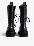 Ride High Boots - Women’s high ankle boots in black semi-patent smooth leather with wings charm and laces.