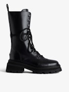 Botas Altos Ride - Botines de caña alta negros de piel lisa semibrillante con colgante de alas y cordones para mujer.