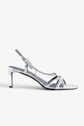 Sleepless Sandals - Women’s exotic silver python-effect leather sandals with straps and chain.