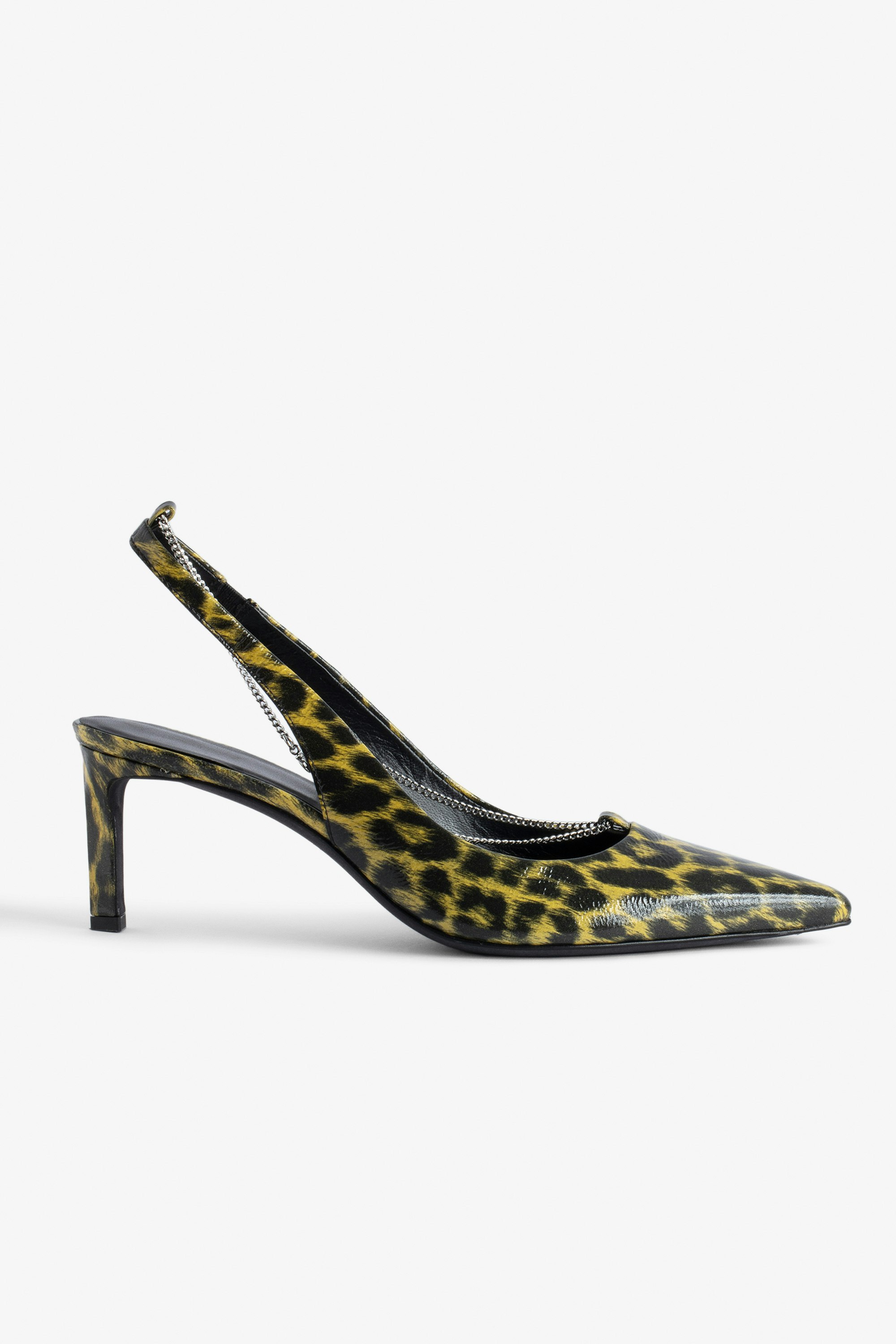 First Night Court Shoes - Women’s leopard-print patent leather court shoes with chain.