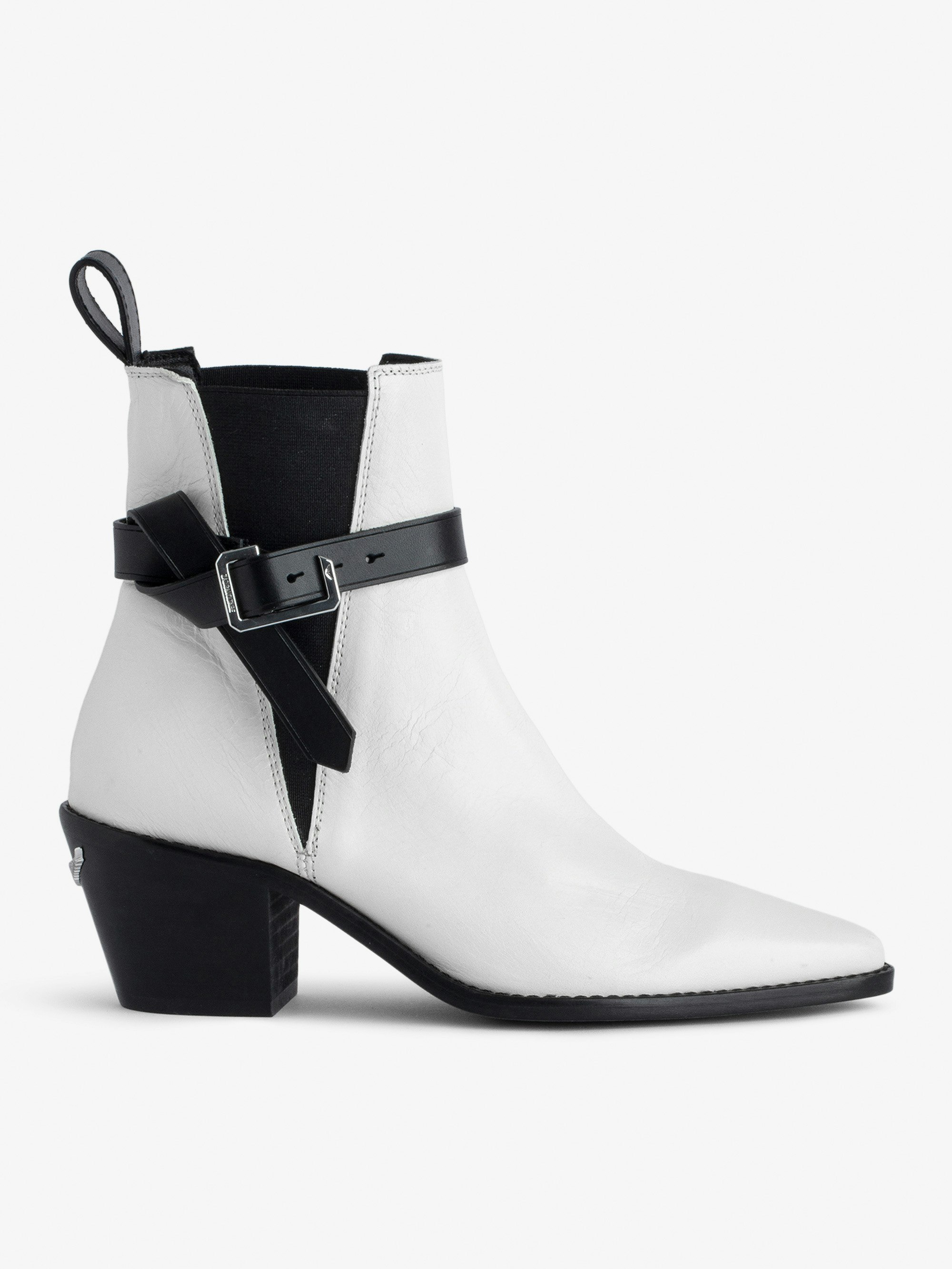 Tyler Ankle Boots - Women’s white vintage-style leather ankle boots with C buckle.