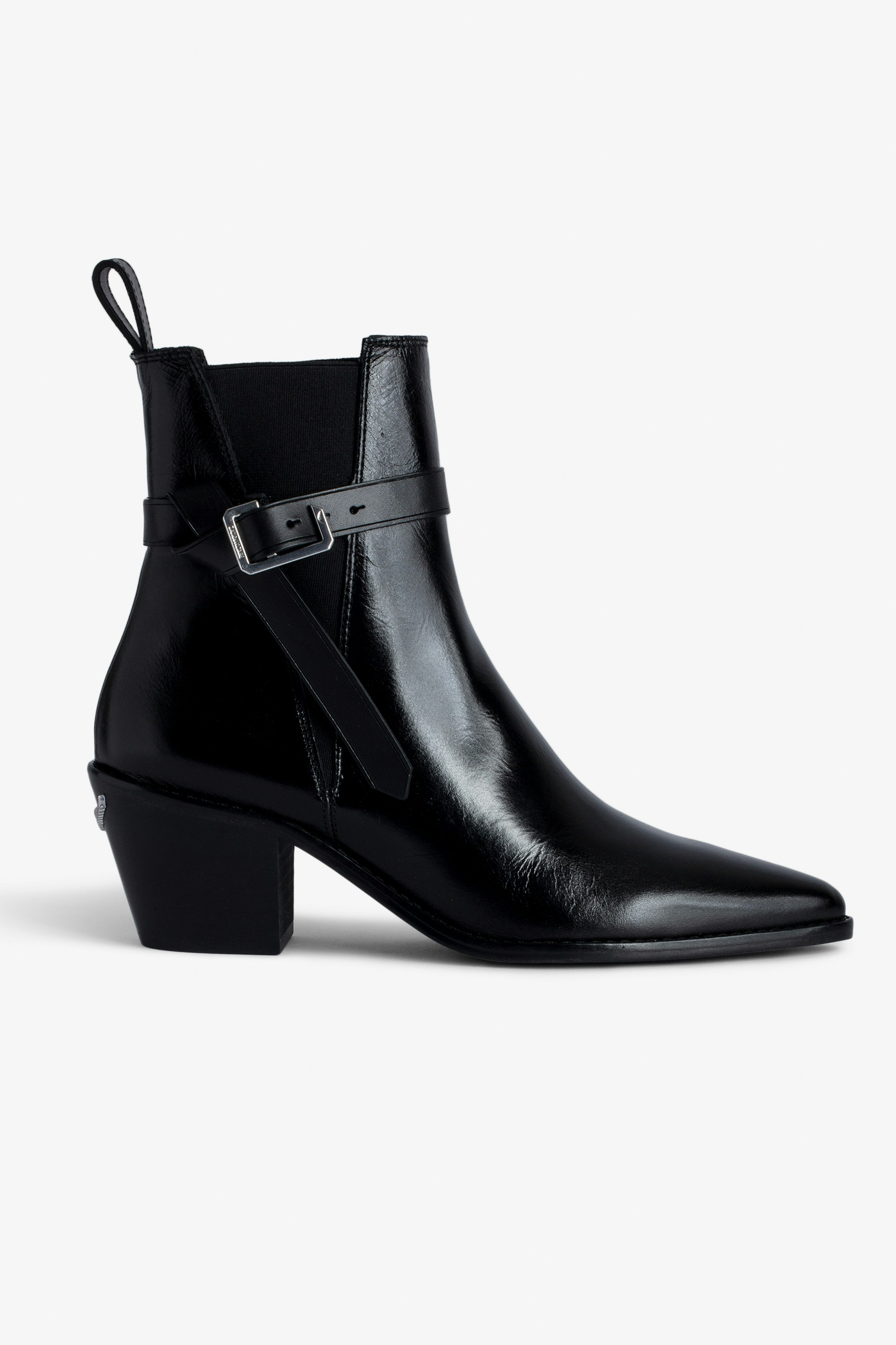 Tyler Ankle Boots Women’s black vintage-style leather ankle boots with C buckle.