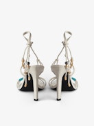 Alana Sandals - Women's white smooth leather heeled sandals with tied straps and charms.