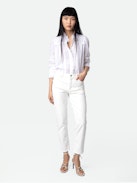 Alana Sandals - Women's white smooth leather heeled sandals with tied straps and charms.