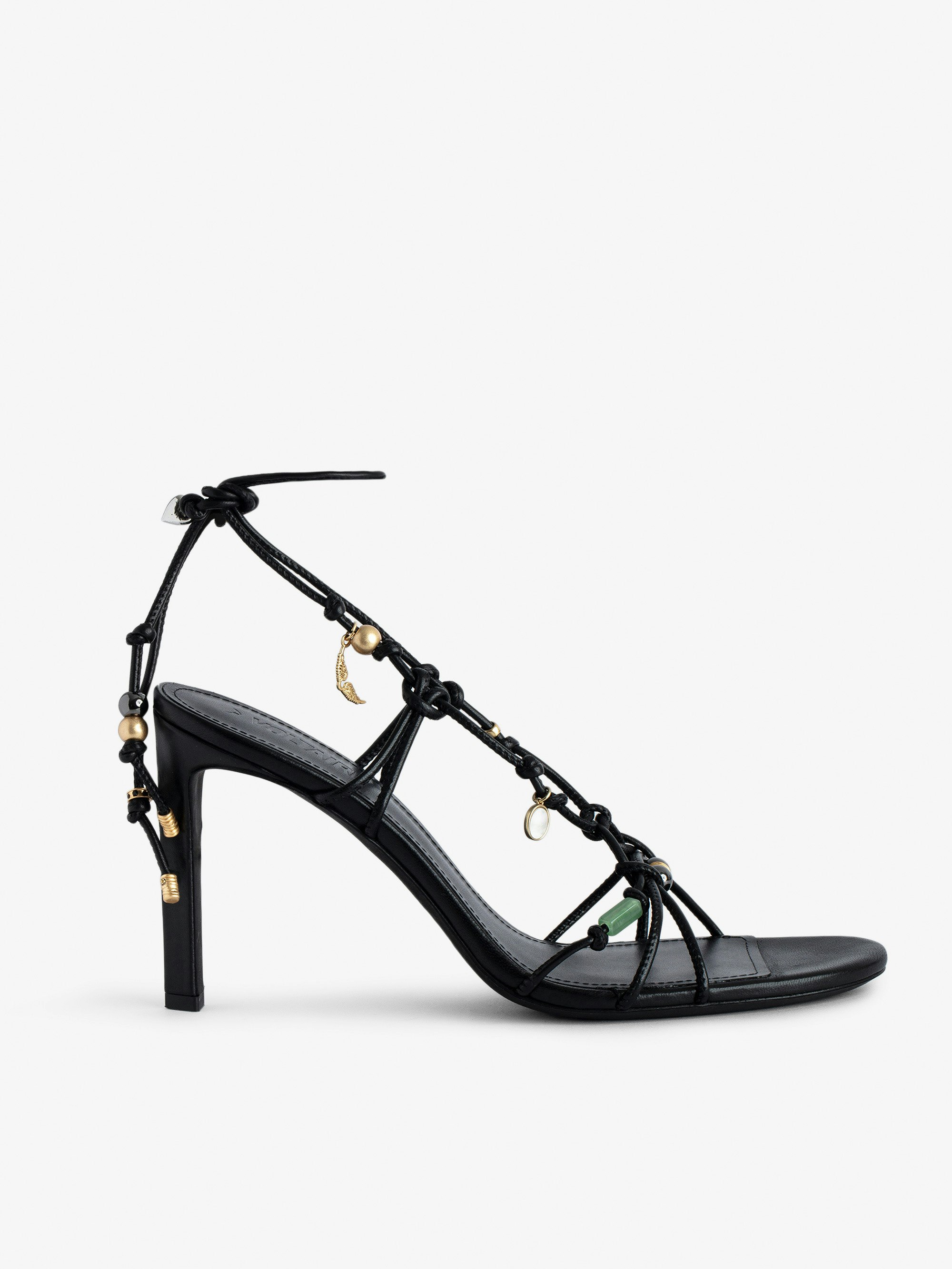 Alana Sandals - Black smooth leather heeled sandals with tied straps and charms.