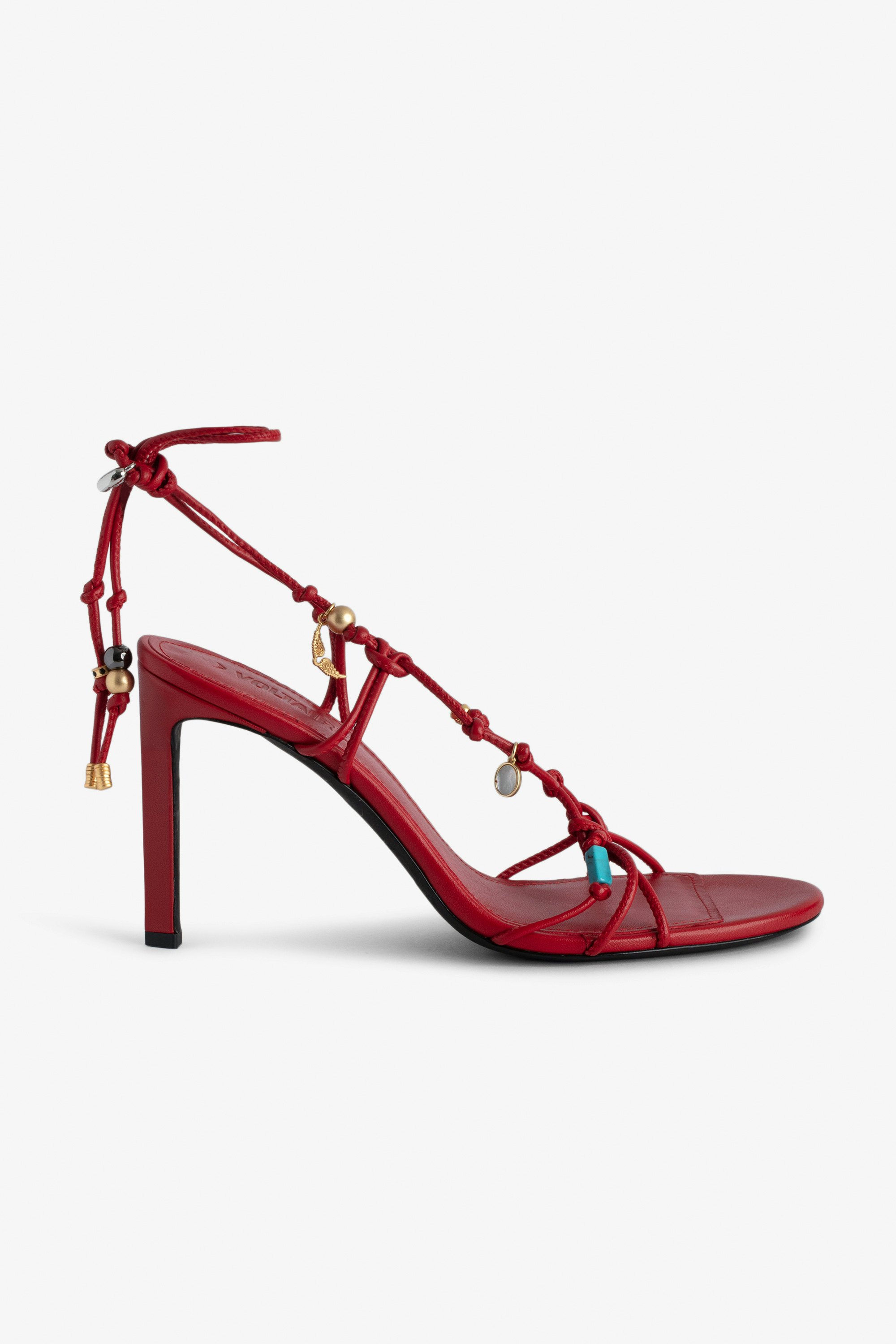 Alana Sandals - Red smooth leather heeled sandals with tied straps and charms.
