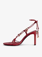 Alana Sandals - Red smooth leather heeled sandals with tied straps and charms.