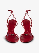 Alana Sandals - Red smooth leather heeled sandals with tied straps and charms.