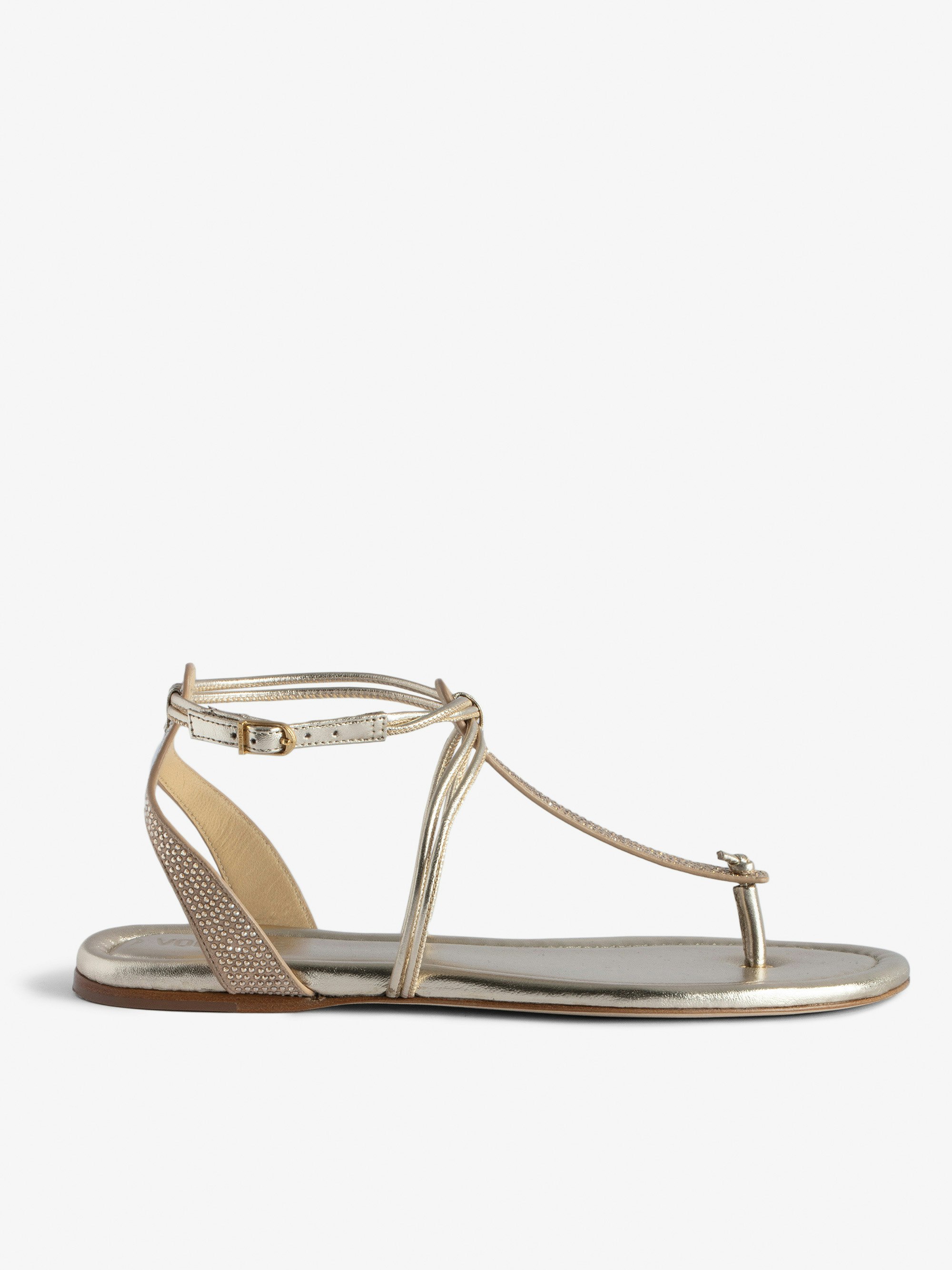 Moonstar Sandals - Vintage-effect gold metallic leather sandals with adjustable buckle and straps with Swarovski® rhinestones.