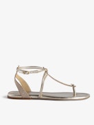 Sandalen Moonstar - Goldene Sandalen aus Metallic-Leder in Vintage-Optik mit verstellbarer Schnalle und strassverzierten Riemen.