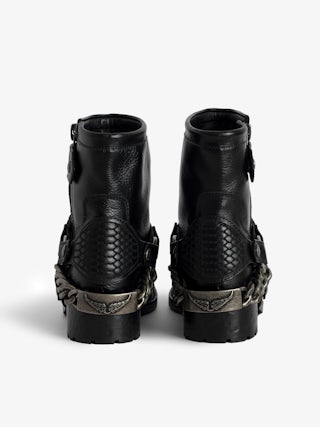 Igata Ankle Boots - Black vegetable tanned leather low ankle boots with metal chains.