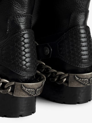 Igata Ankle Boots - Black vegetable tanned leather low ankle boots with metal chains.