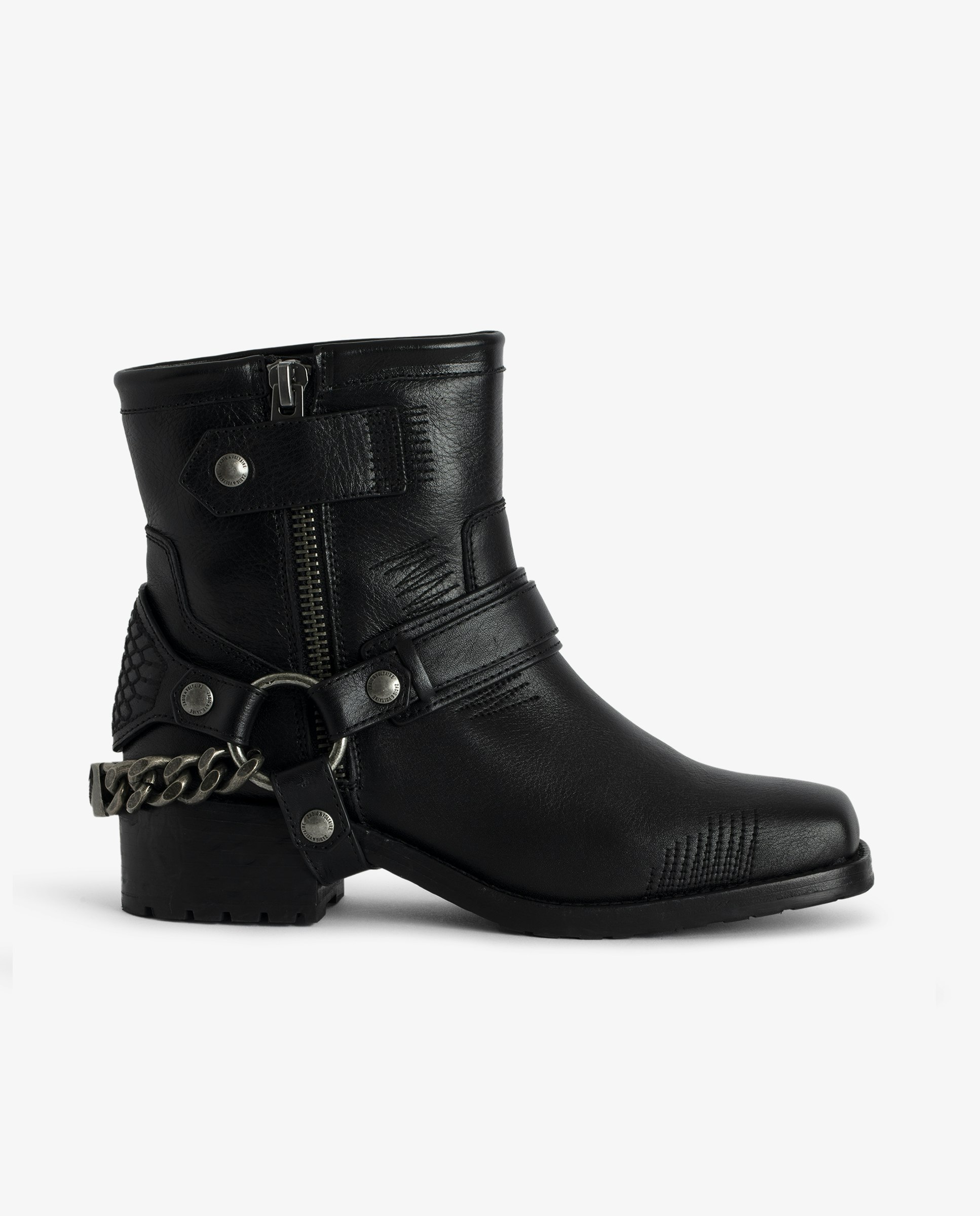 Igata Ankle Boots - Black vegetable tanned leather low ankle boots with metal chains.