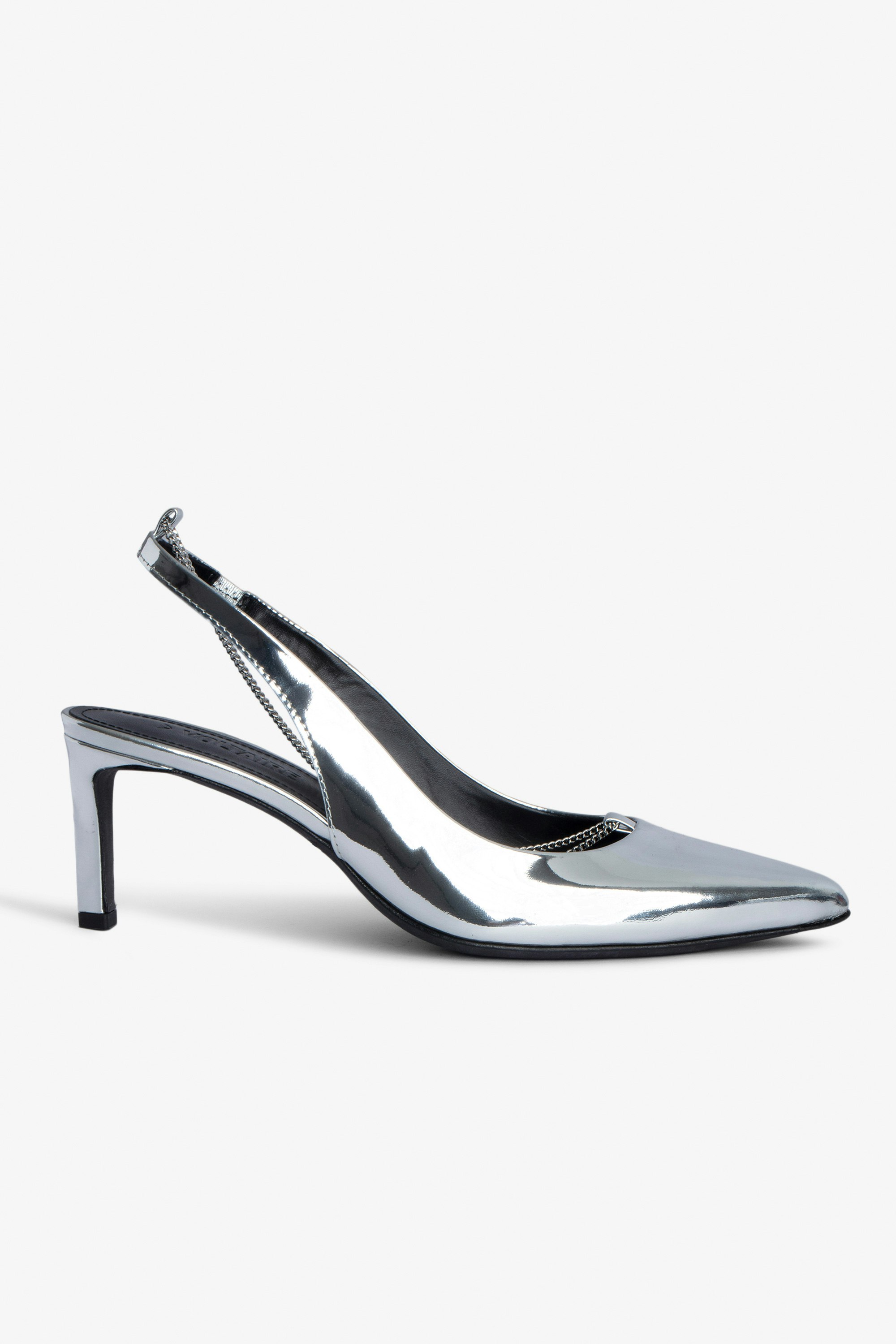 First Night Court Shoes - Silver patent leather court shoes with leather strap and metal chain.