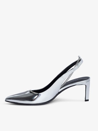 Escarpins First Night - Escarpins argentés en cuir effet miroir à lanière cuir et chaîne métal.