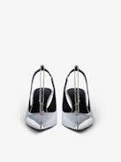 First Night Court Shoes - Silver patent leather court shoes with leather strap and metal chain.
