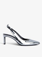 First Night Court Shoes - Silver patent leather court shoes with leather strap and metal chain.
