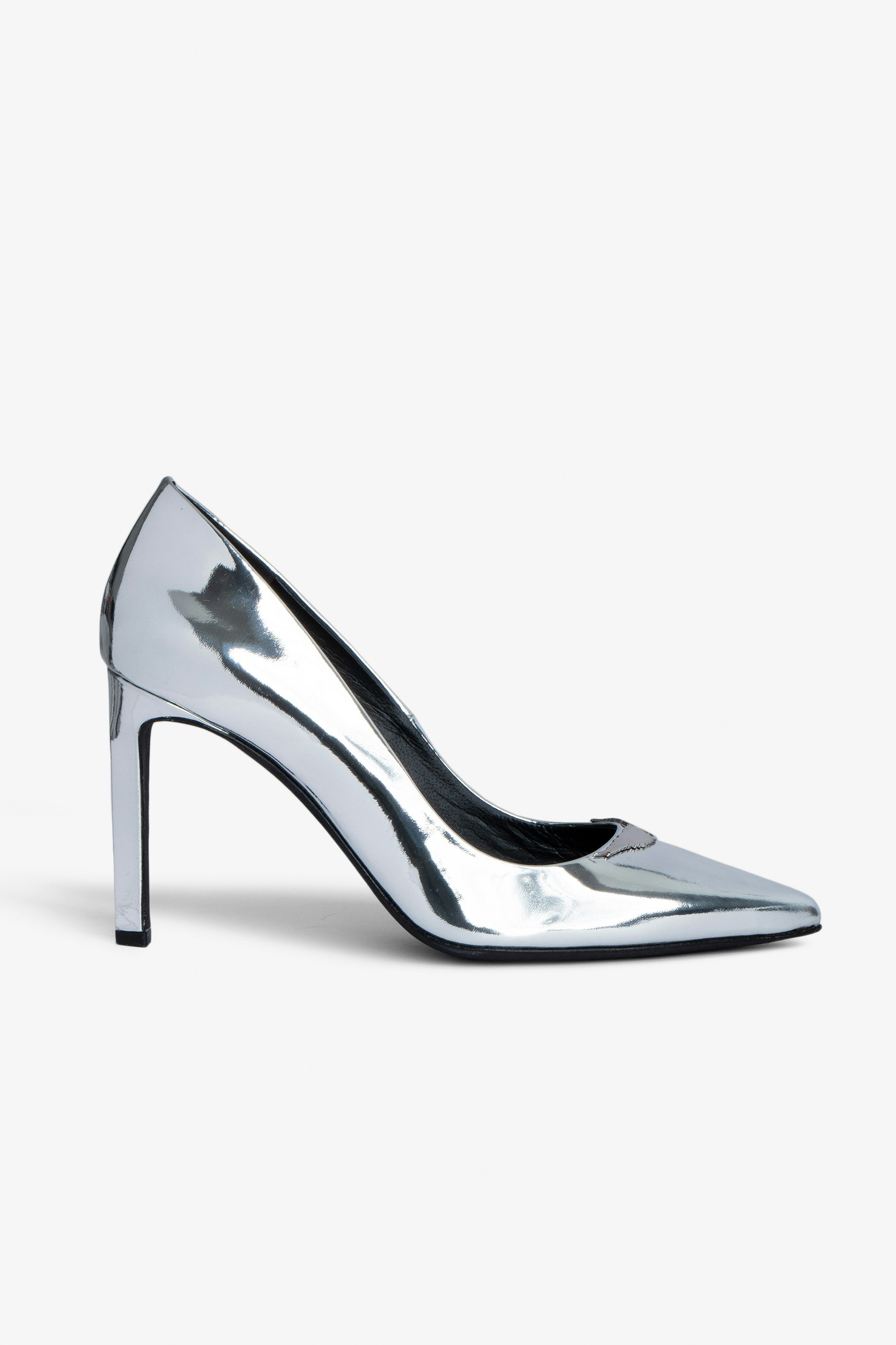 Perfect Court Shoes - Silver patent leather court shoes with mirror wings charm.
