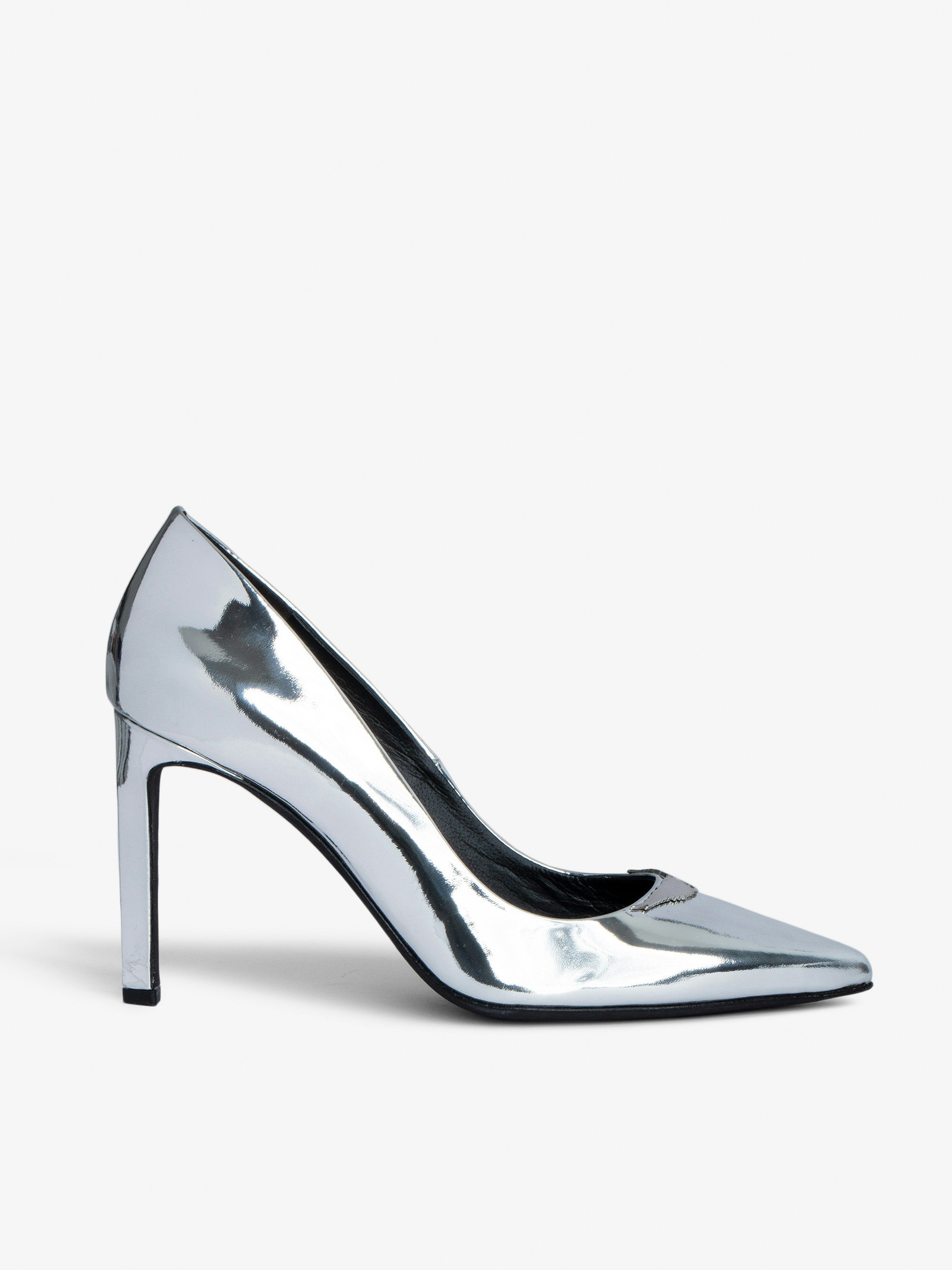 Perfect Court Shoes - Silver patent leather court shoes with mirror wings charm.