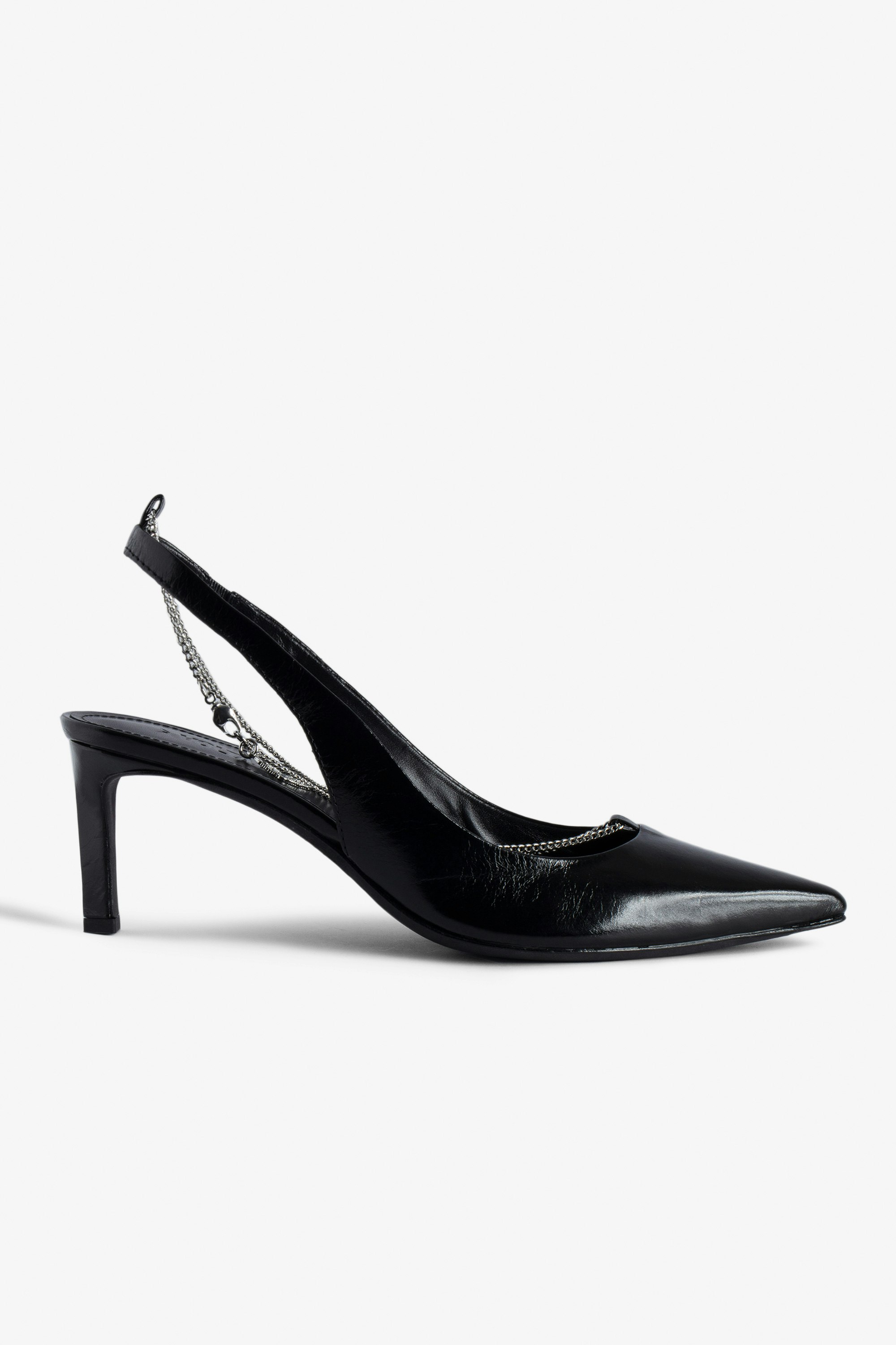 First Night Court Shoes - Black vintage-effect leather court shoes with leather strap and metal chain.