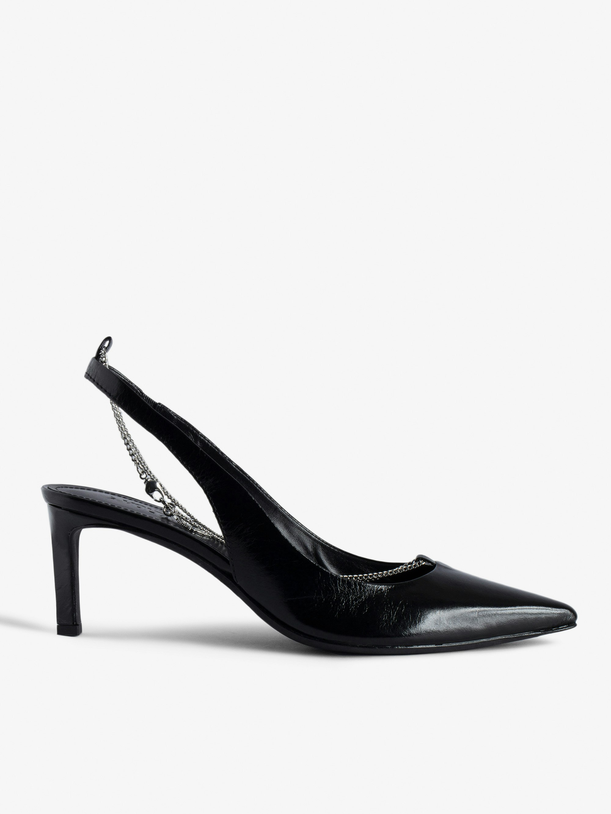 First Night Court Shoes - Black vintage-effect leather court shoes with leather strap and metal chain.
