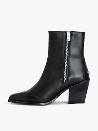 Cara Ankle Boots - Smooth, semi-patent black leather ankle boots with signature wings.