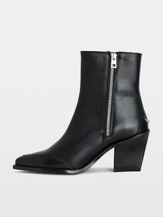 Cara Ankle Boots - Black semi-glossy smooth leather ankle boots adorned with a wing signature.