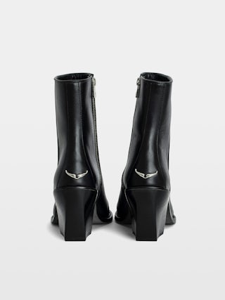 Cara Ankle Boots - Black semi-glossy smooth leather ankle boots adorned with a wing signature.