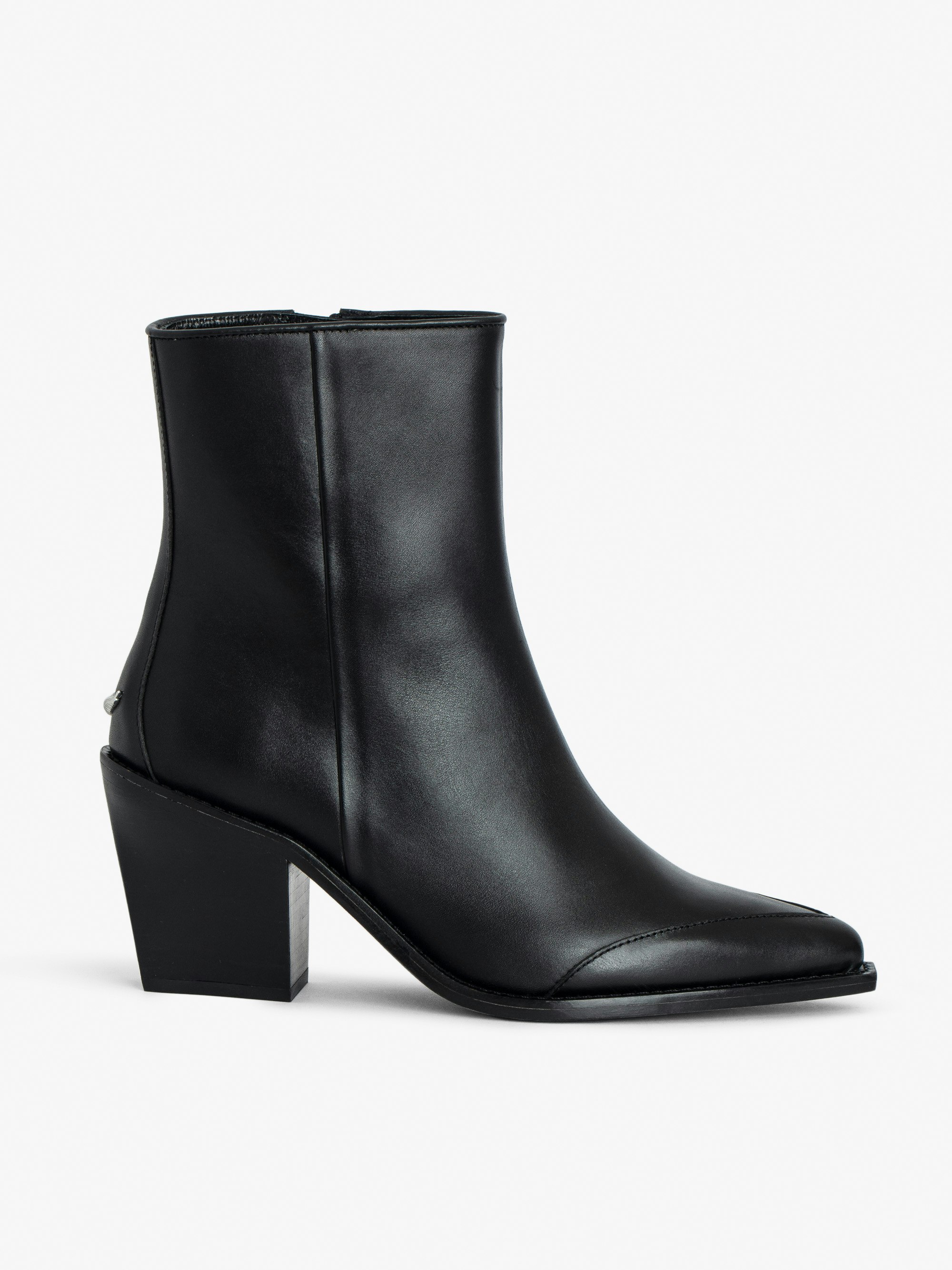 Cara Ankle Boots - Smooth, semi-patent black leather ankle boots with signature wings.