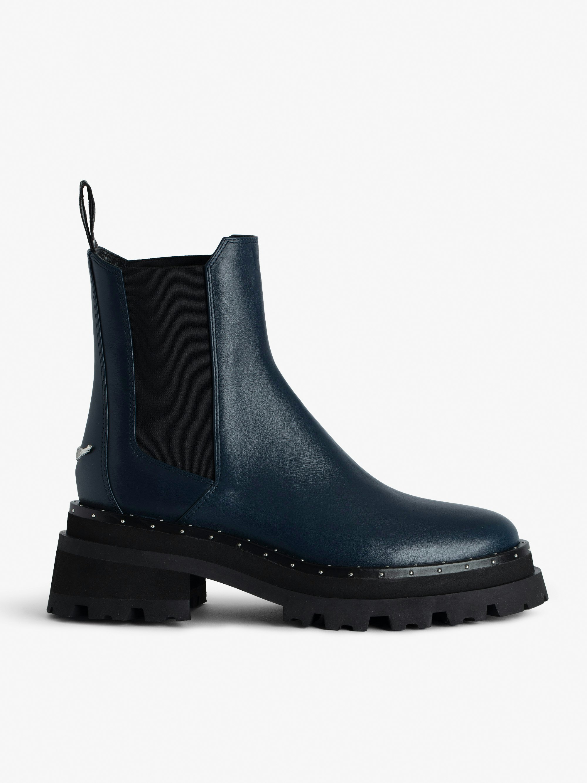 Ride Ankle Boots - Smooth navy blue semi-patent leather Chelsea boots with signature wings.