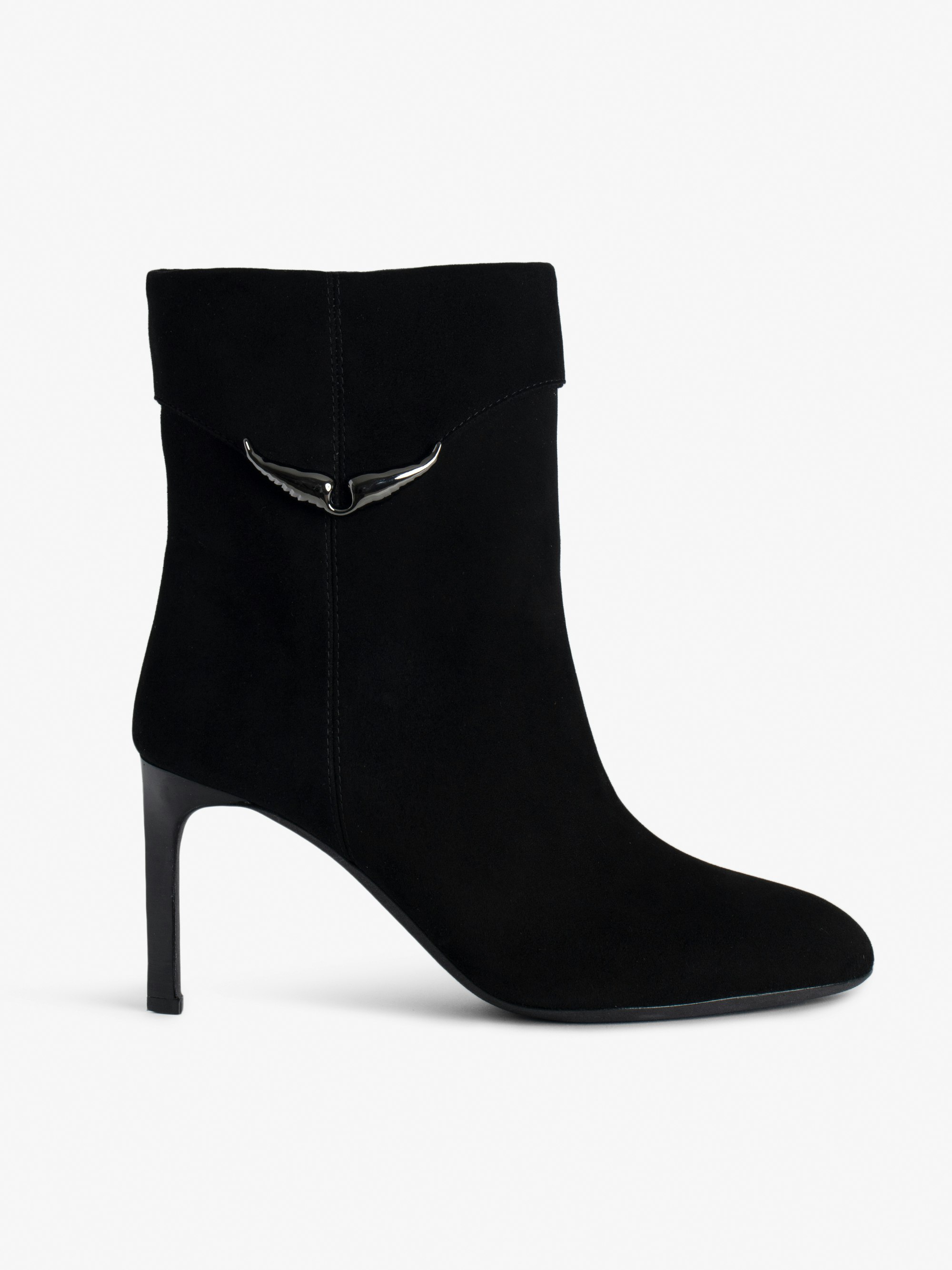 Eternal Suede Boots - Women's black suede leather boots with wings motif and heel.