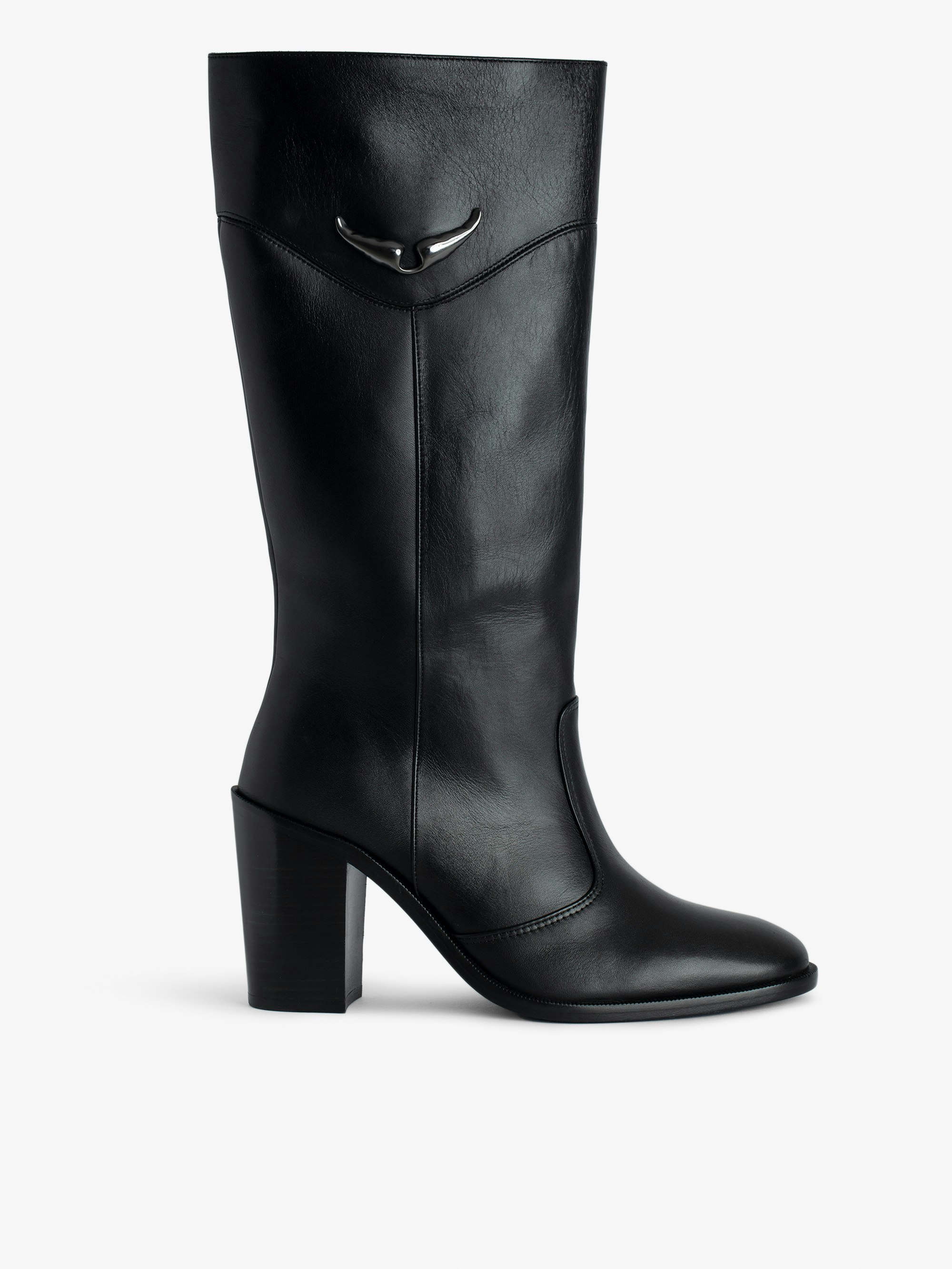 Preiser Tall Boots - Women's black tall leather boots with wings charm on calves.