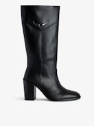 Preiser Tall Boots - Women's black tall leather boots with wings charm on calves.