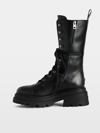 Ride High-Top Boots - High-top ankle boots in smooth semi-glossy black leather adorned with a wing charm and laces.