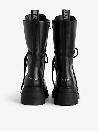 Ride High-Top Boots - High-top ankle boots in smooth semi-glossy black leather adorned with a wing charm and laces.