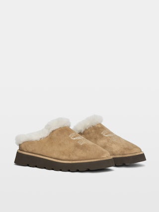 Teddy Shearling Mules - Suede and shearling mules adorned with signature embroideries.