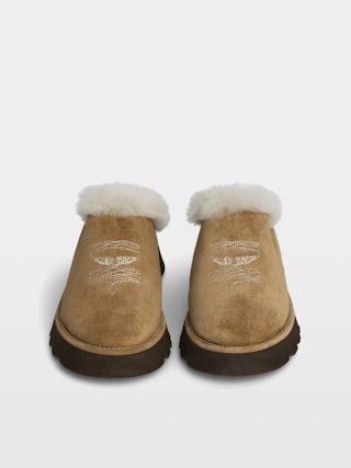 Teddy Shearling Mules - Suede and shearling mules adorned with signature embroideries.