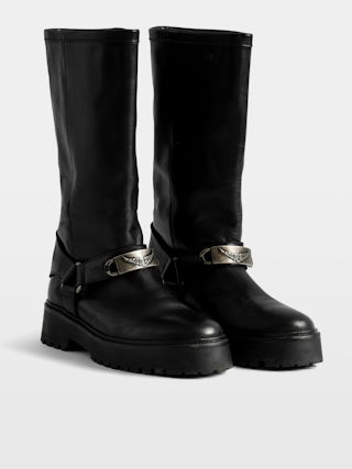 Angie Ankle Boots - Biker-inspired leather ankle boots with harness adorned with chain details.