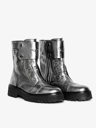 Joe Fast Vintage Metal Ankle Boots - Combat boots without laces in metallic crinkled leather with patches adorned with embossed wings.
