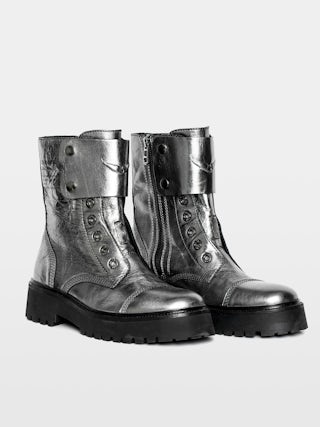 Stiefeletten Joe Fast Vintage Metal - Ranger-Stiefeletten ohne Schnürung aus metallisch geknittertem Leder mit Patches verziert mit geprägten Flügeln.