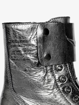 Joe Fast Vintage Metal Ankle Boots - Combat boots without laces in metallic crinkled leather with patches adorned with embossed wings.