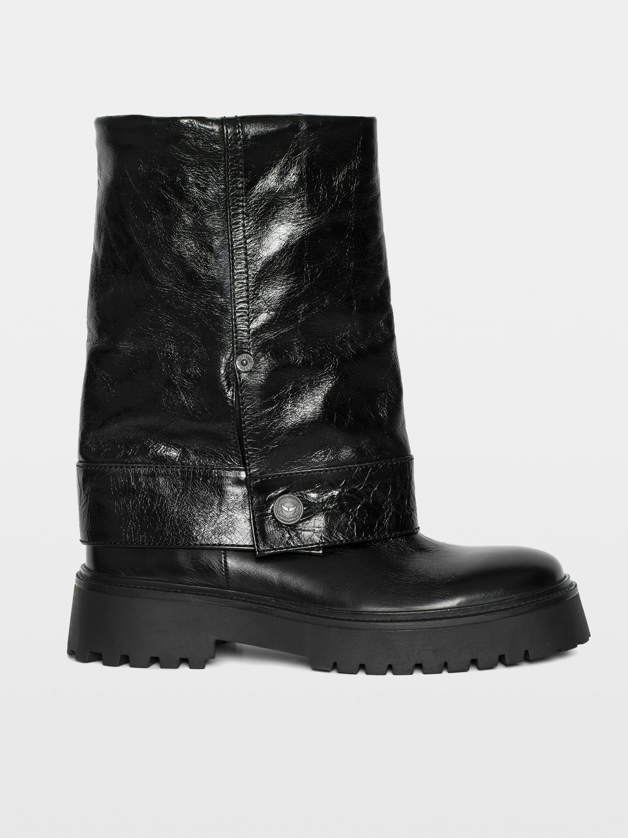 Angie Sleeve Vintage Patent Boots - Trouser effect leather boots with vintage-inspired finish.