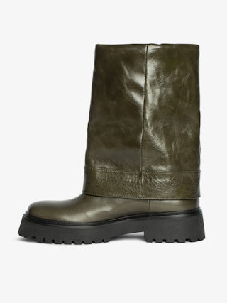 Angie Sleeve Vintage Patent Boots - Trouser-effect leather boots with vintage-inspired finish.