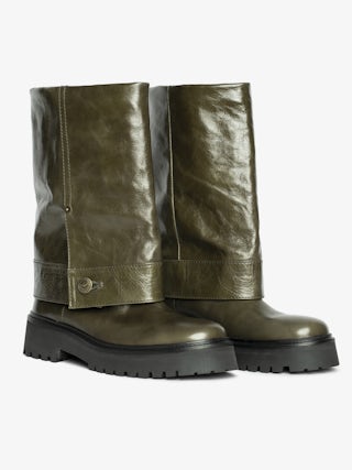 Angie Sleeve Vintage Patent Boots - Trouser-effect leather boots with vintage-inspired finish.