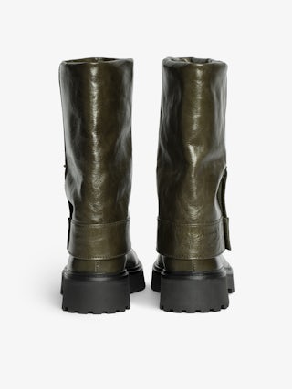 Angie Sleeve Vintage Patent Boots - Trouser-effect leather boots with vintage-inspired finish.