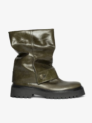 Angie Sleeve Vintage Patent Boots - Trouser-effect leather boots with vintage-inspired finish.