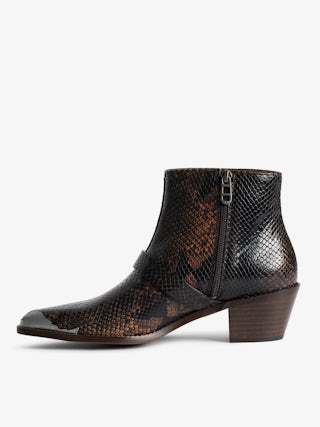 Tylow Wild Mirror Ankle Boots - Bi-colour leather ankle boots with python effect adorned with signature buckles and metallic wing-shaped studs.
