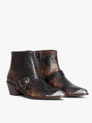 Tylow Wild Mirror Ankle Boots - Bi-colour leather ankle boots with python effect adorned with signature buckles and metallic wing-shaped studs.